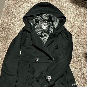 Billabong Double-Breasted Black Pea Coat with Hood